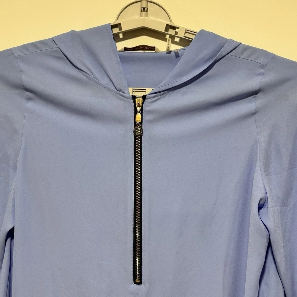 Soft Surroundings Blue Hooded Pullover‎ Tunic Top Kangaroo Pocket 1/2 Zip Medium